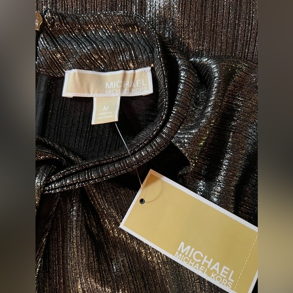 Michael Kors Stretch Metallic Flatter Sleeves Neck Details Dress - Picture 12 of 13